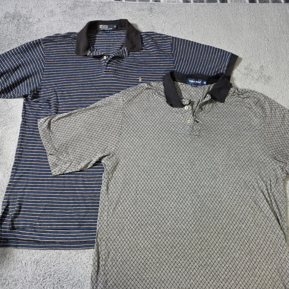 Ralph Lauren Mens XL Polo Shirts Bundle Blue Striped Grey Diamond 2pc